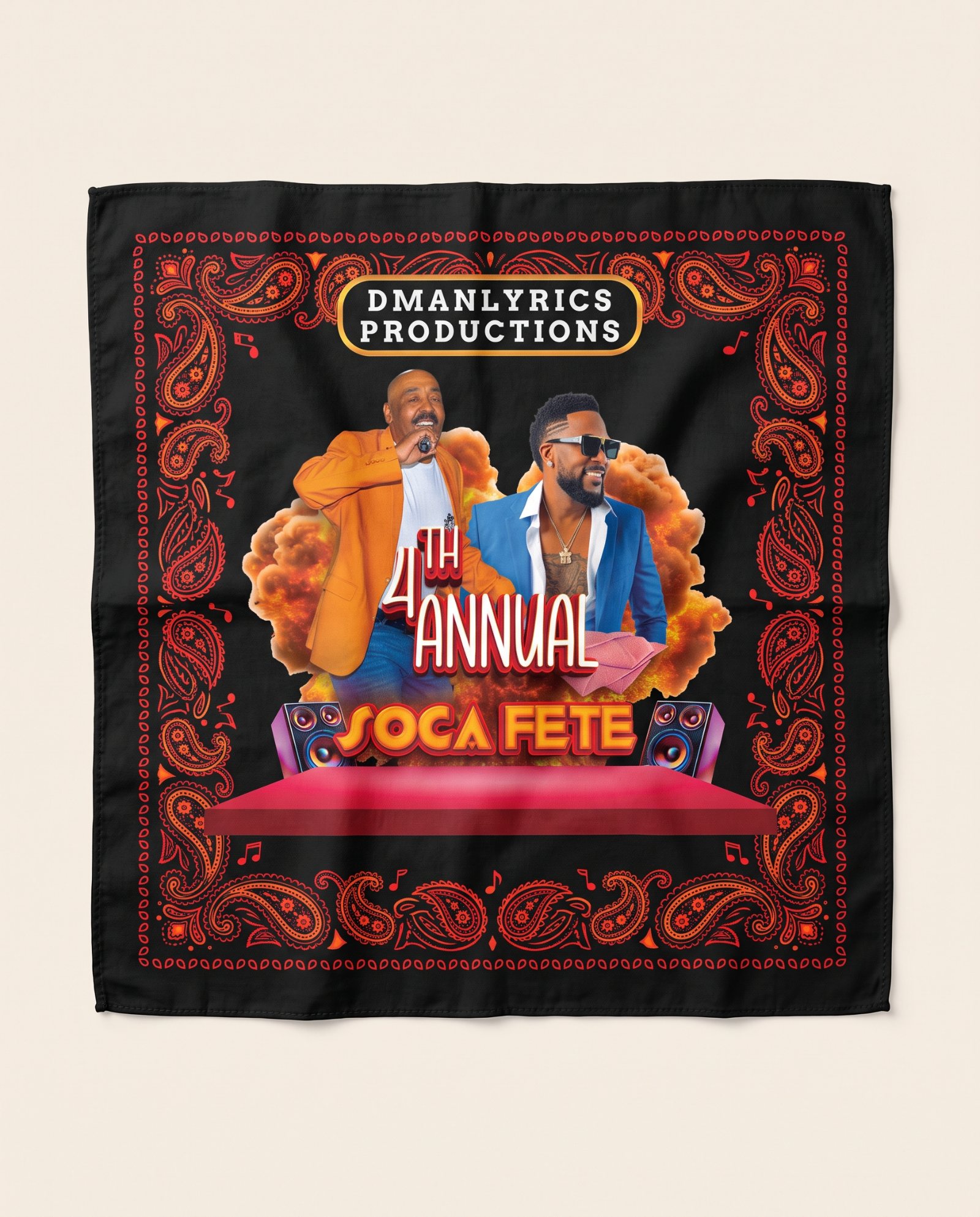 Soca Fete Bandana: black with red paisley border, DMANLYRICS Productions 4th Annual Soca Fete artwork in the centre